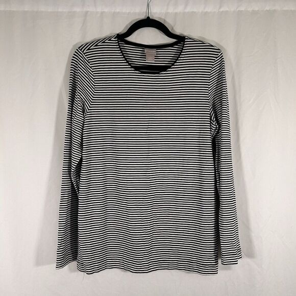 Chico's Blouse Women's Medium Black White Striped Long Sleeve Round Neck - Picture 1 of 8